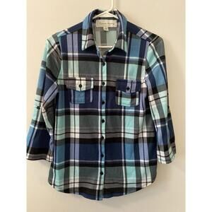 French Laundry Women’s Size S Flannel Blue Green and White Plaid Shirt Button